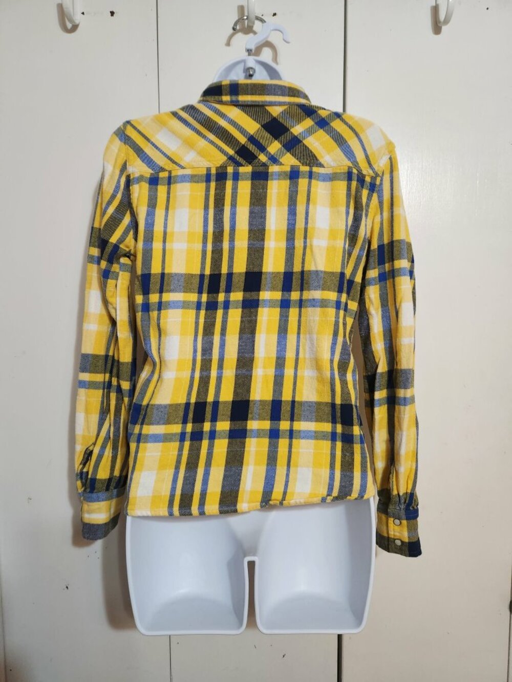 Mossimo Juniors Large Yellow Blue Plaid Flannel Shirt Western Pearl Snap Cowgirl - Picture 2 of 7